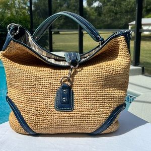 COACH Blue Leather and Straw Hobo Shoulder Strap Bag